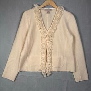 Vintage C.L.O.T.H.E.S. Ivory Fringe 100% Wool Cardigan Sweater Cottage Preppy M